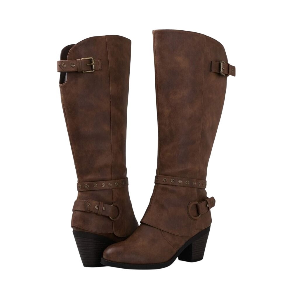 Global Win Knee High Boots Womens 9‎ Brown Harness Studded Block Heel 18YY27